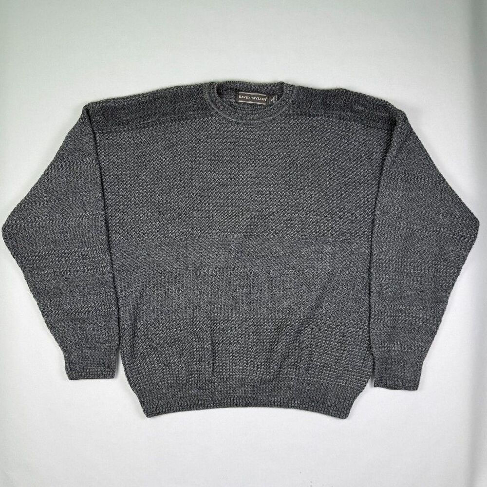David Taylor Textured Knit Sweater Gray Crewneck XL Made in USA